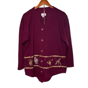 IF USA Burgundy Size Small Cardigan Sweater Animal Safari Graphic Embellished